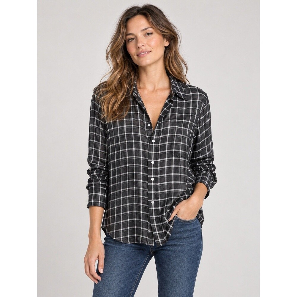Frank & Eileen Shirt Women’s Small Black White Plaid 100% Modal Button Up D